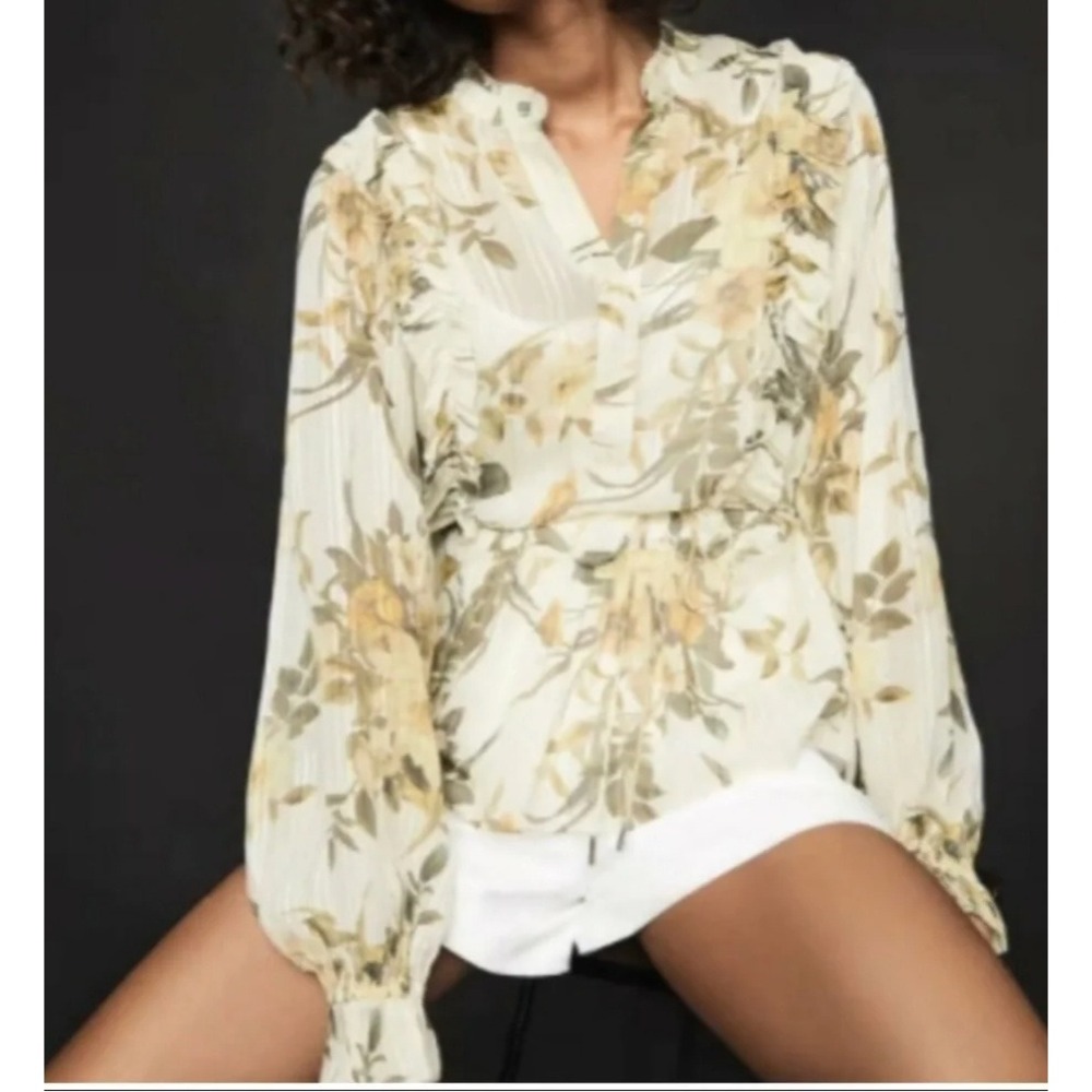 REISS Alandra Print Floral Ruffle Blouse Ivory Small NWT Viscose Sheer Top